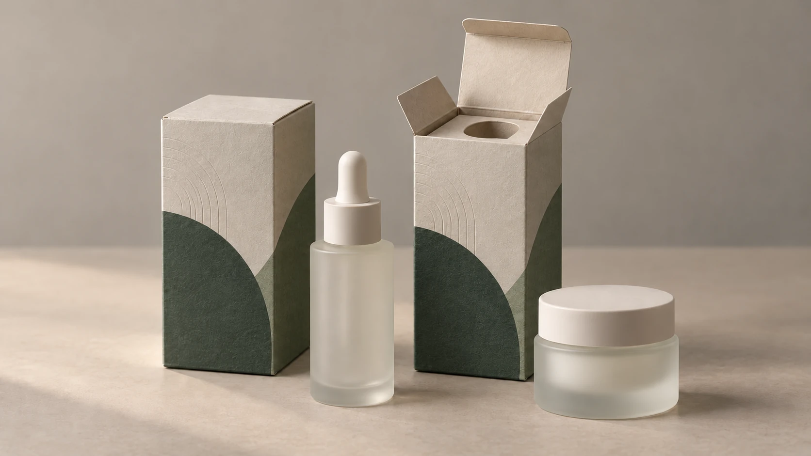 Illustrative cosmetics cartons and paper inserts fitted to unbranded bottles and jars.