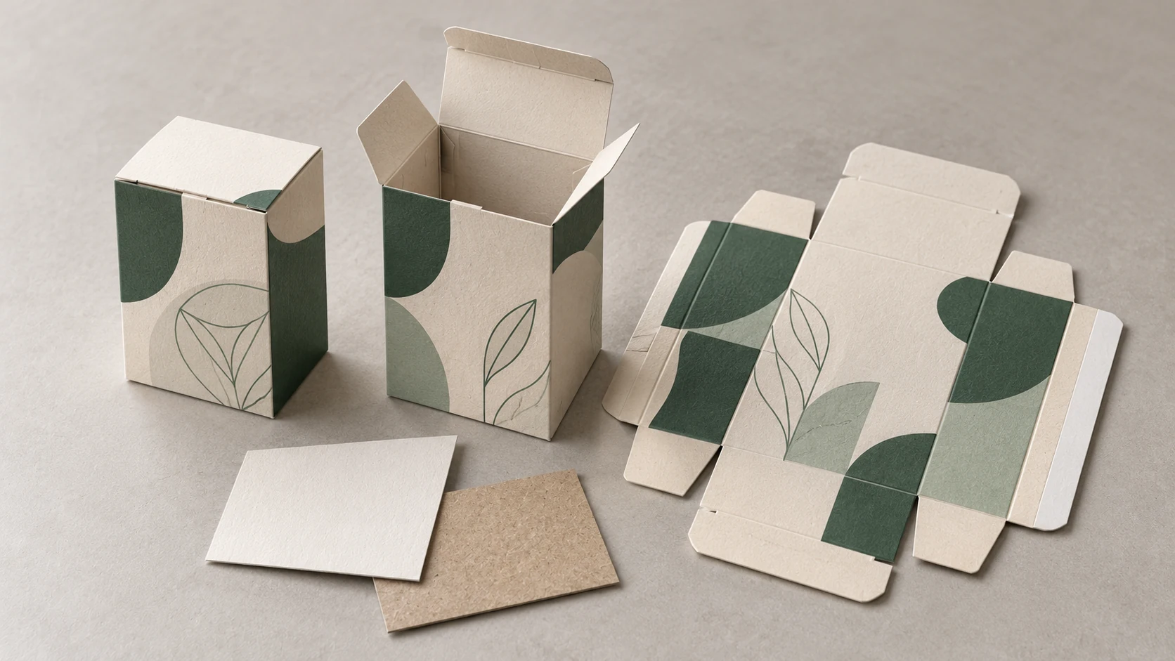 Illustrative folding carton samples showing assembled, open and flat structures.