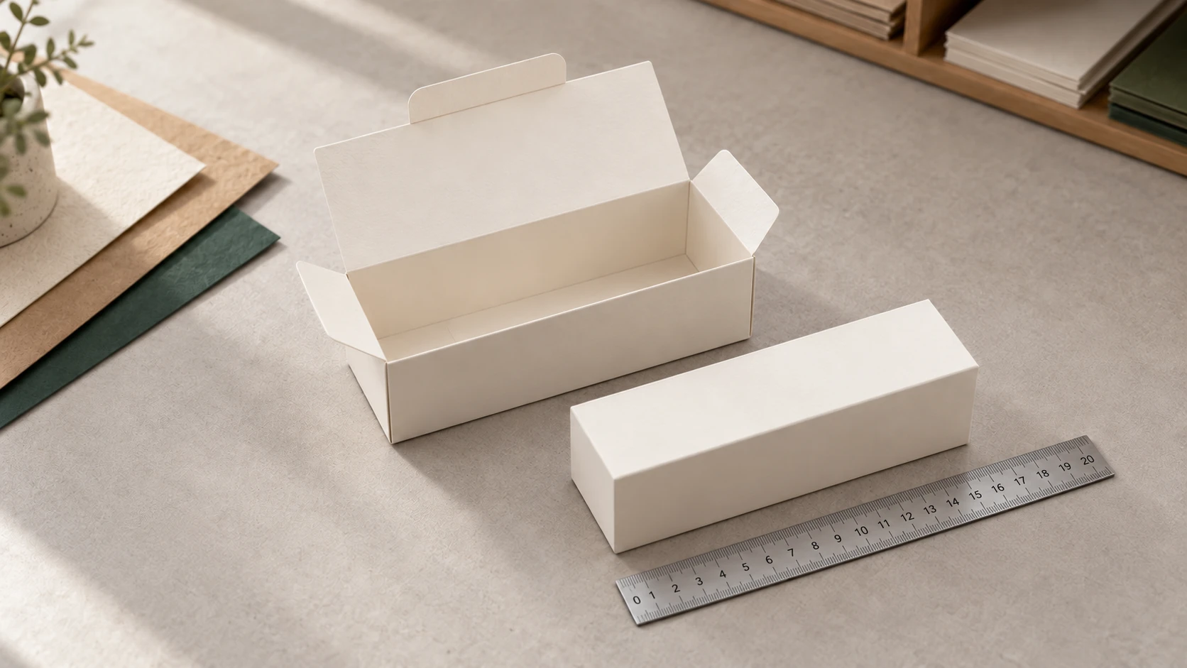 Illustrative product and open carton arranged with tools for packaging measurement.