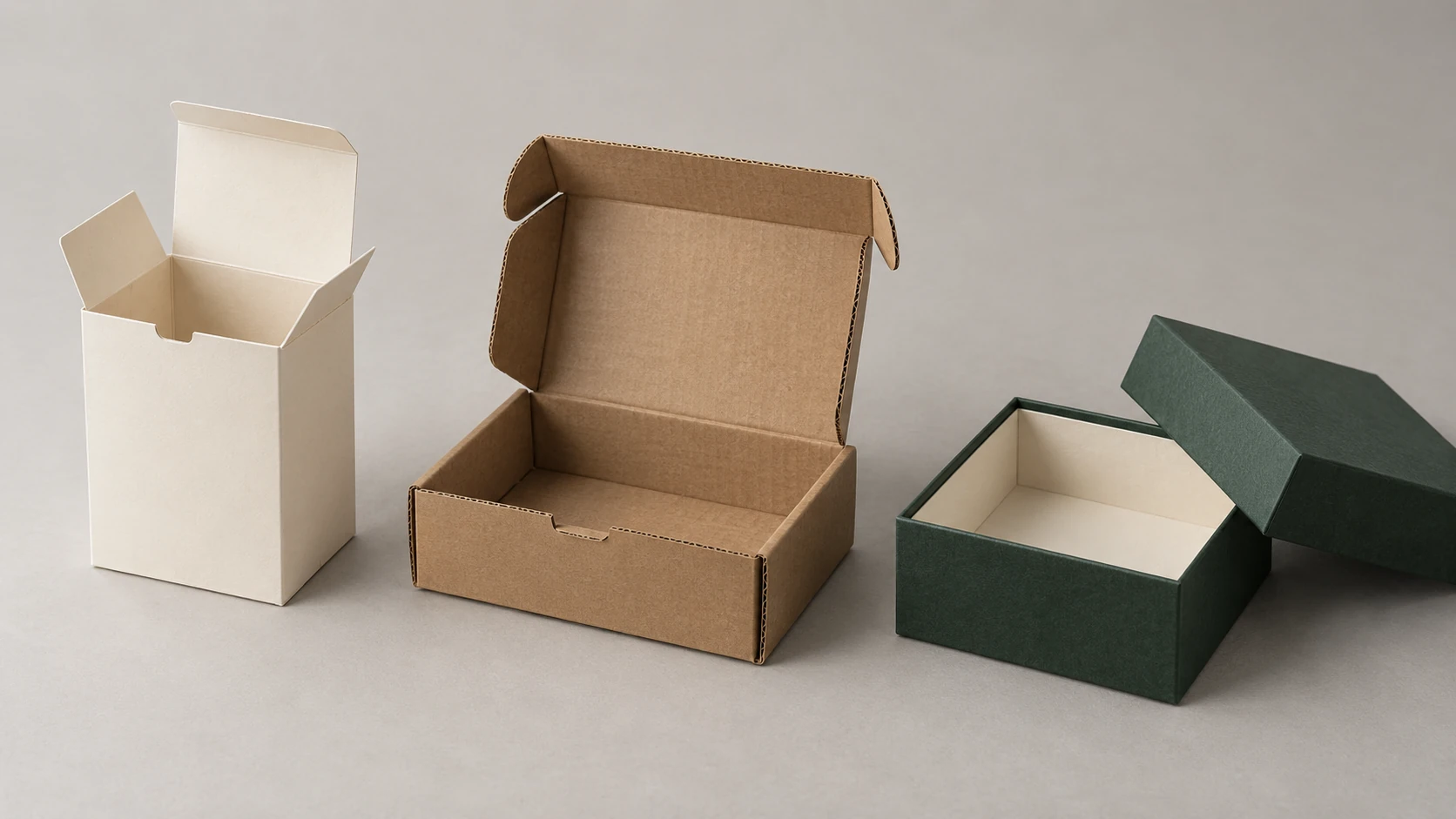 Illustrative side-by-side comparison of a folding carton, corrugated mailer and rigid gift box.