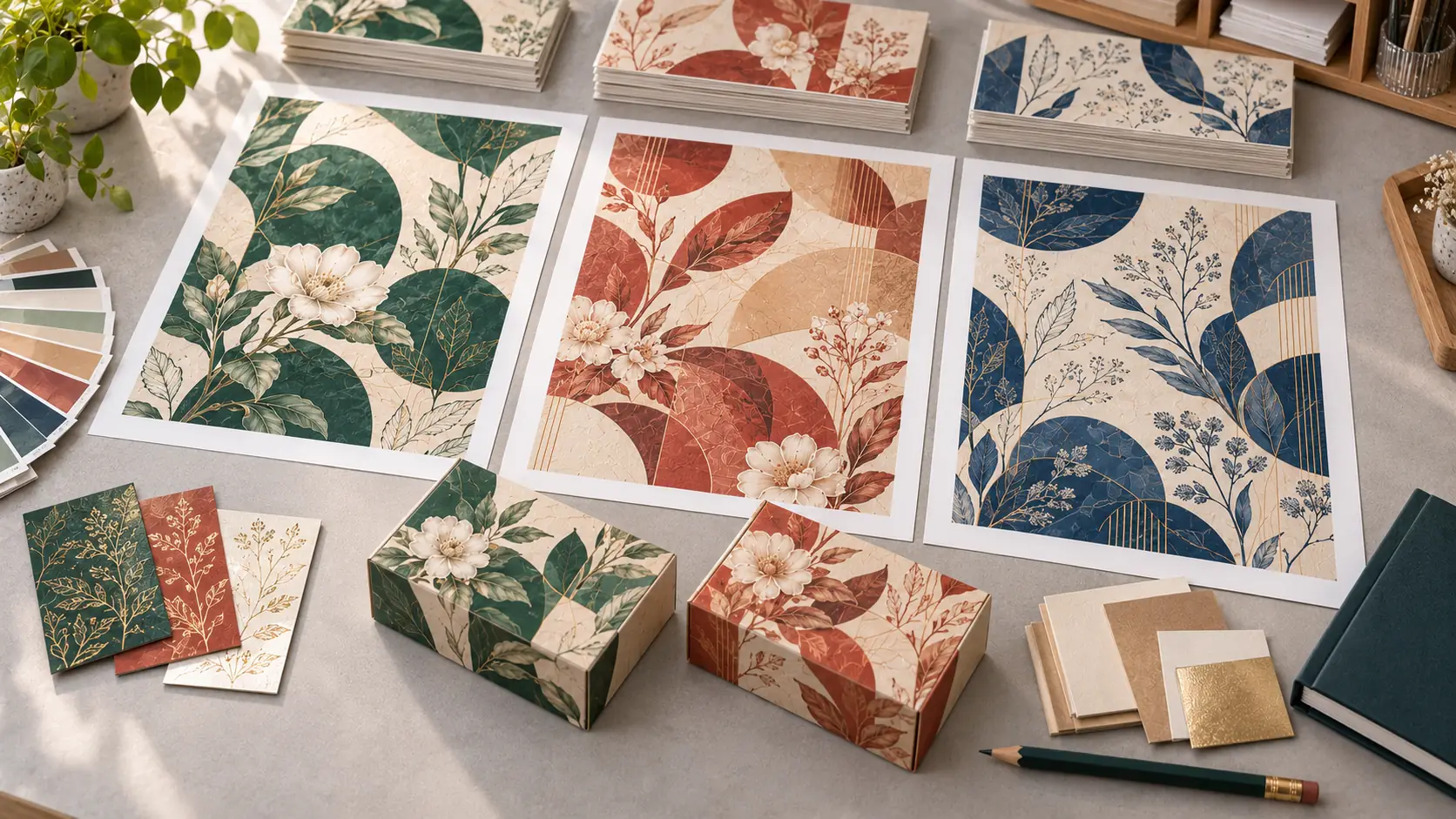 Illustrative packaging print versions, prepared sheets and corresponding carton samples.