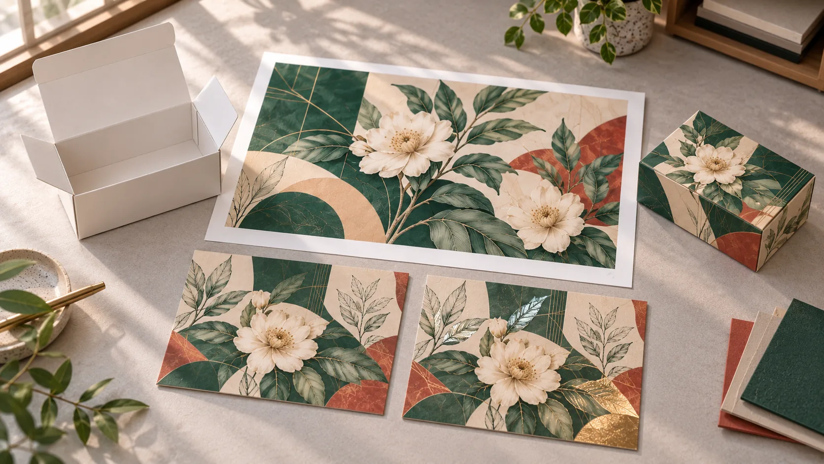 Illustrative structural sample, print proof, finish swatches and matching assembled carton.