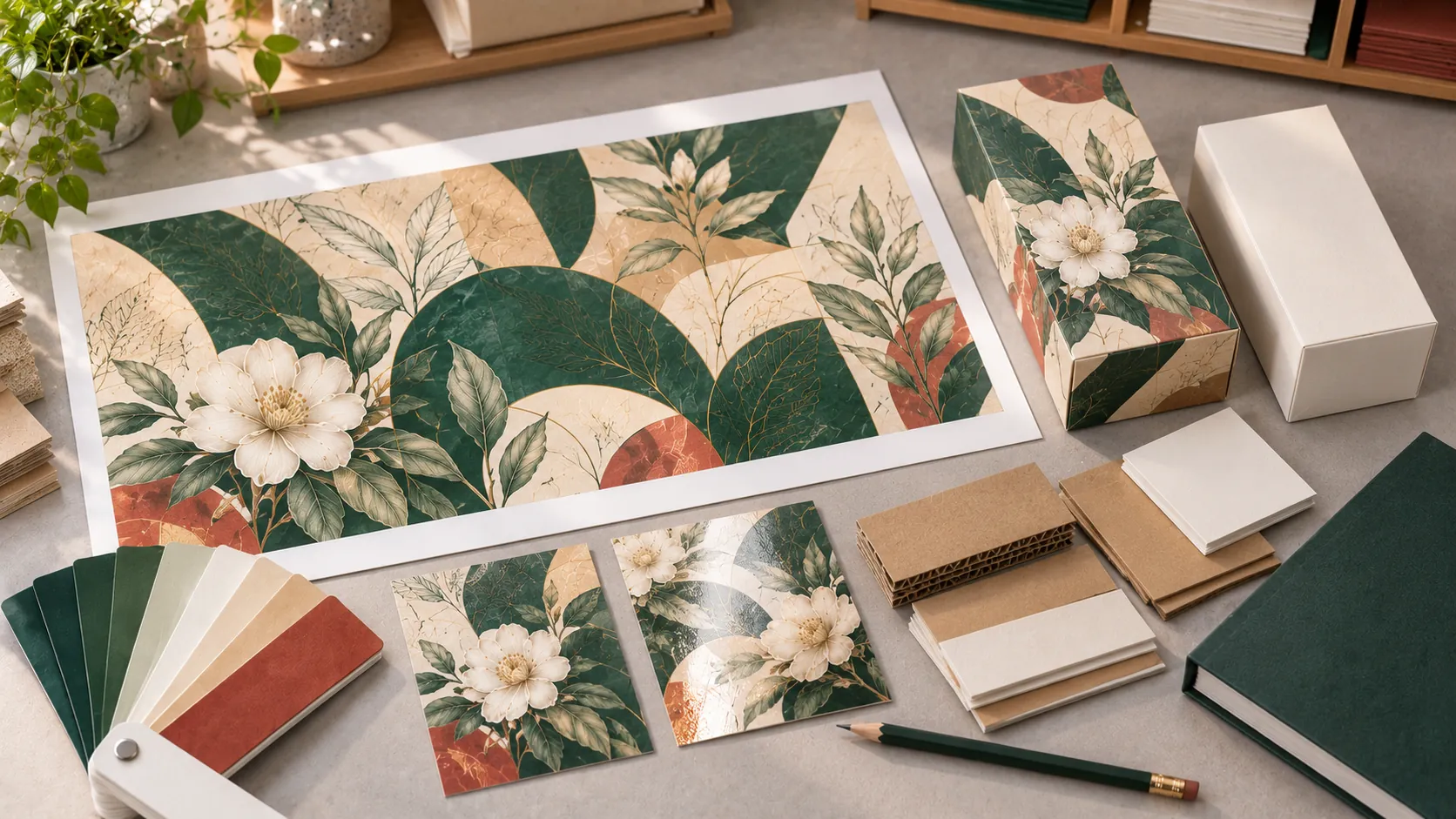 Illustrative print specifications and packaging review with artwork, color and material samples.