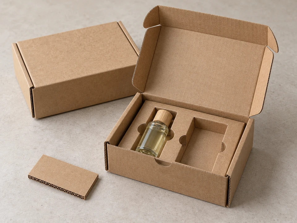 Illustrative open corrugated mailer with a paper insert and a closed sample.