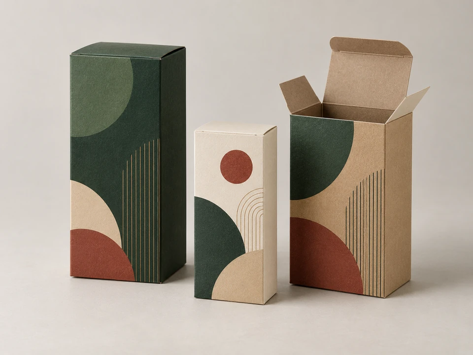 Illustrative folding carton samples with a visible tuck closure.
