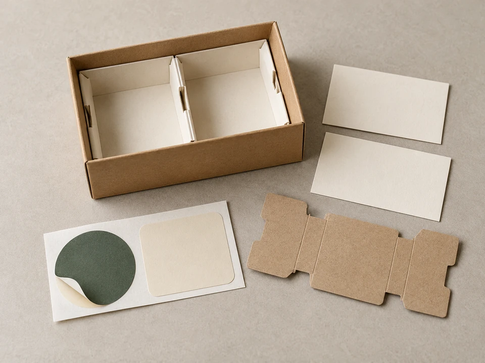 Illustrative labels, printed-card blanks and assembled paper inserts.