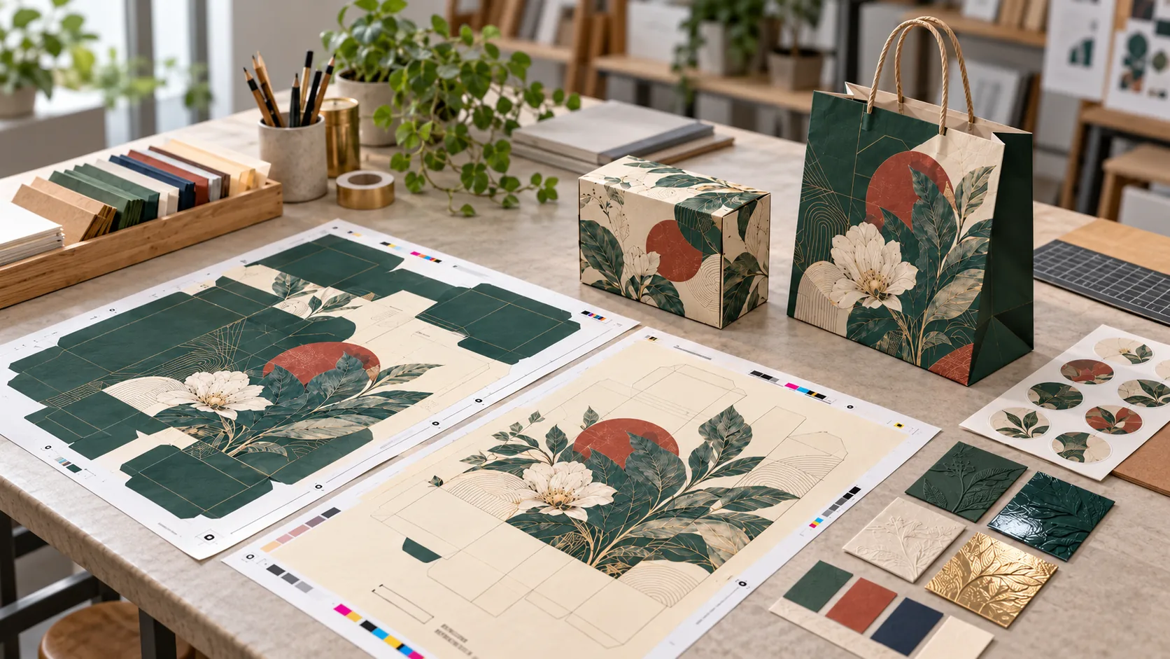 Illustrative printed packaging sheets, finish samples and matching paper packaging.