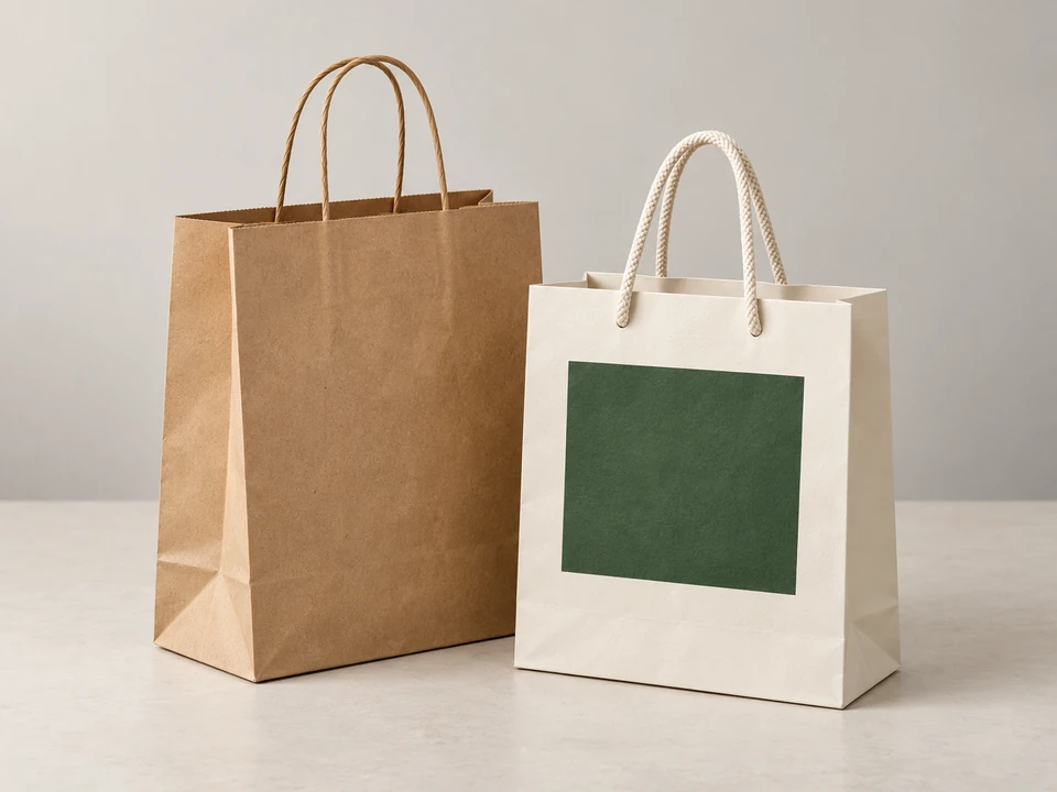 Illustrative kraft and white paper bags with visible handles and side gussets.