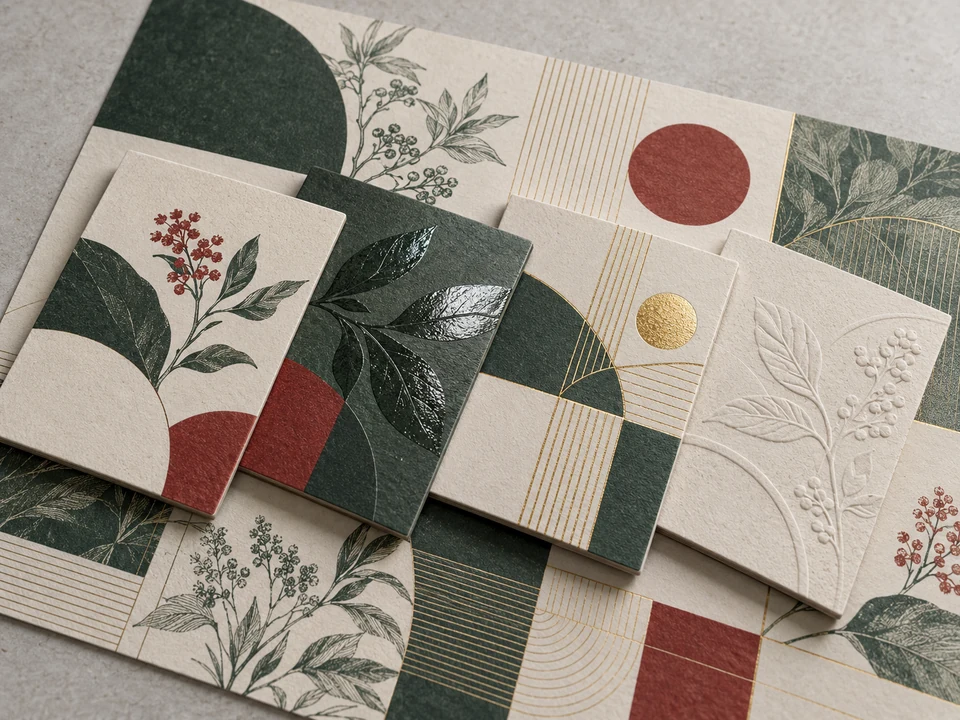 Illustrative printed paper samples showing matte ink, spot gloss, foil and embossing.