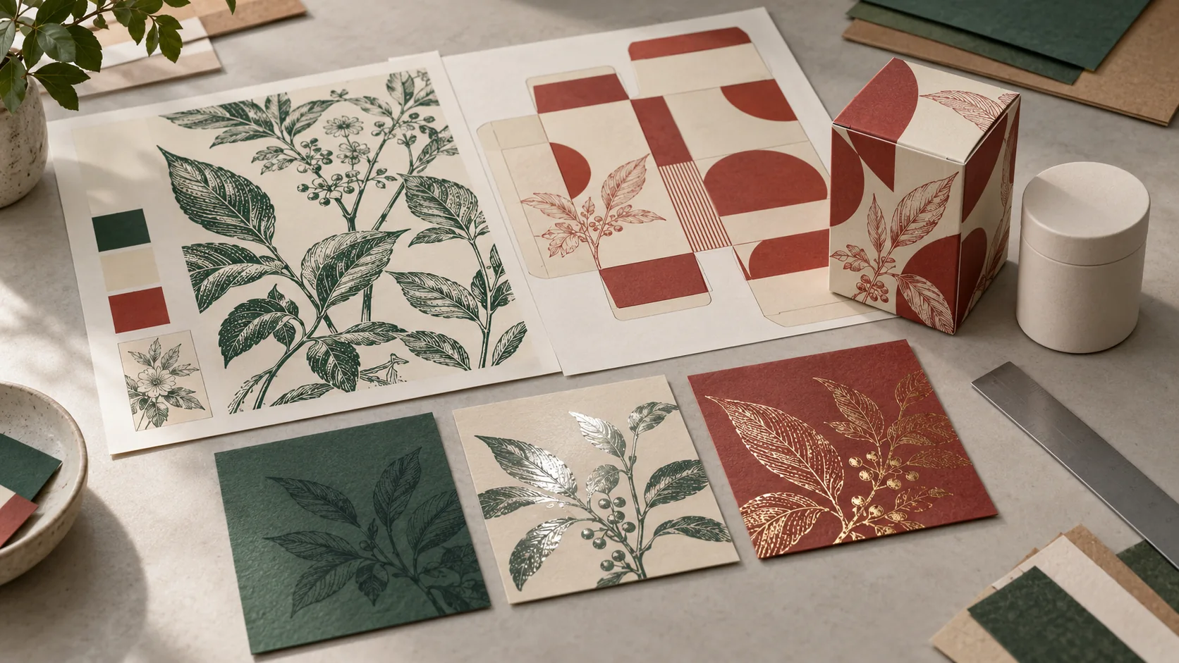 Illustrative quote preparation with printed artwork references, finish samples and a product.