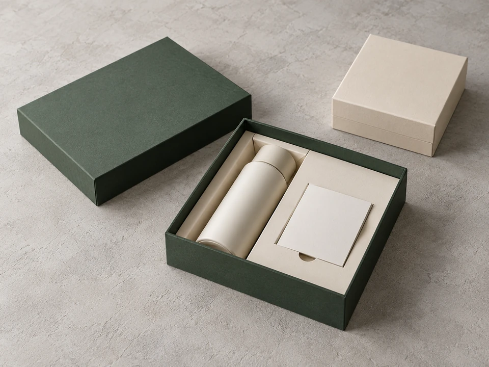 Illustrative rigid gift box with a separate lid and paper insert.