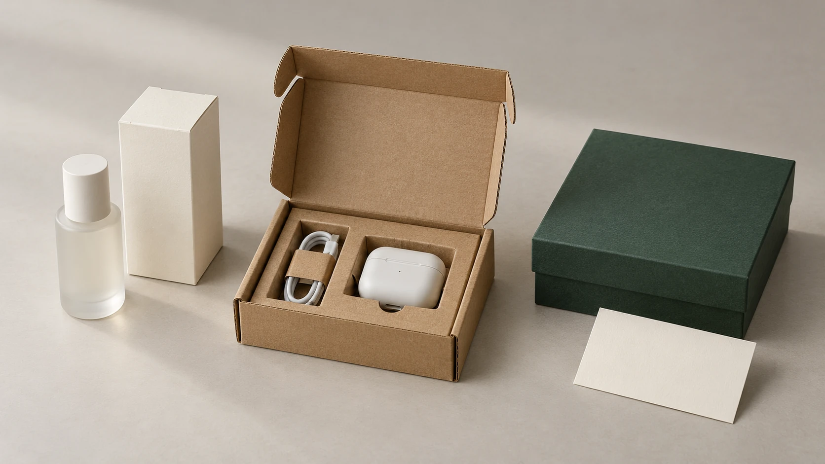 Beispielhafte Papierverpackungen für Kosmetik, Onlinehandelszubehör und Geschenke.