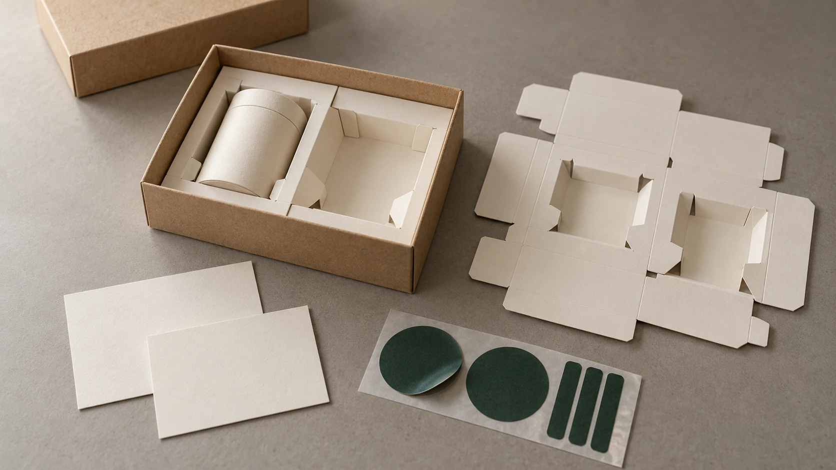 Illustrative paper inserts, labels and cards coordinated with a packaging box.