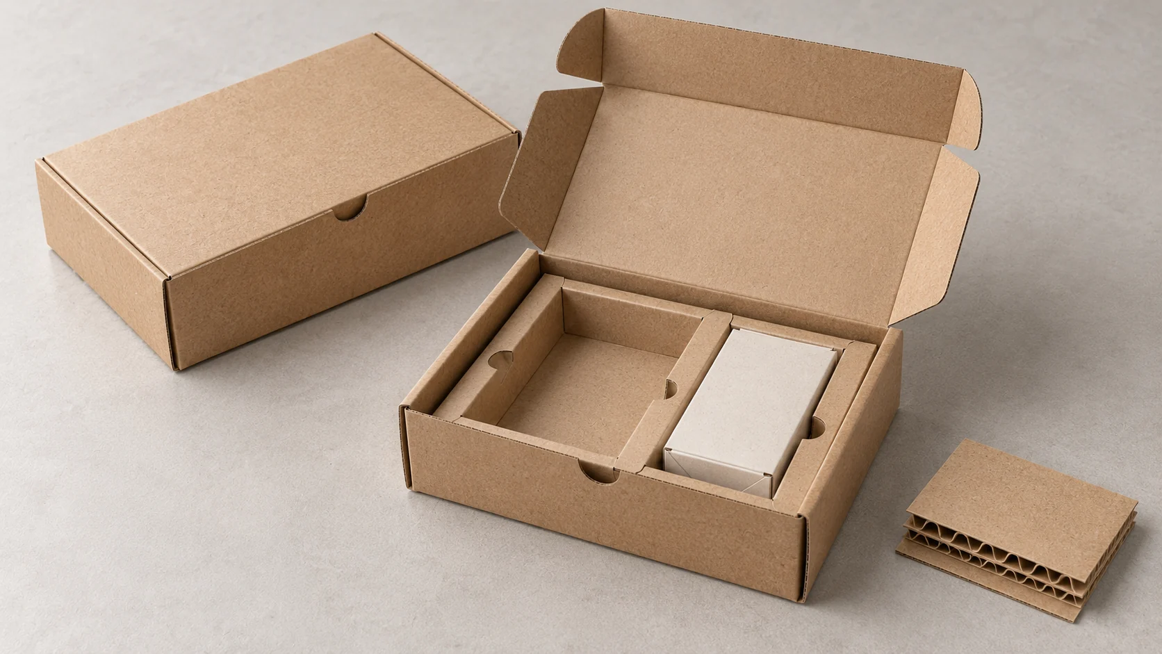 Illustrative open corrugated mailer with a paper insert and corrugated board sample.