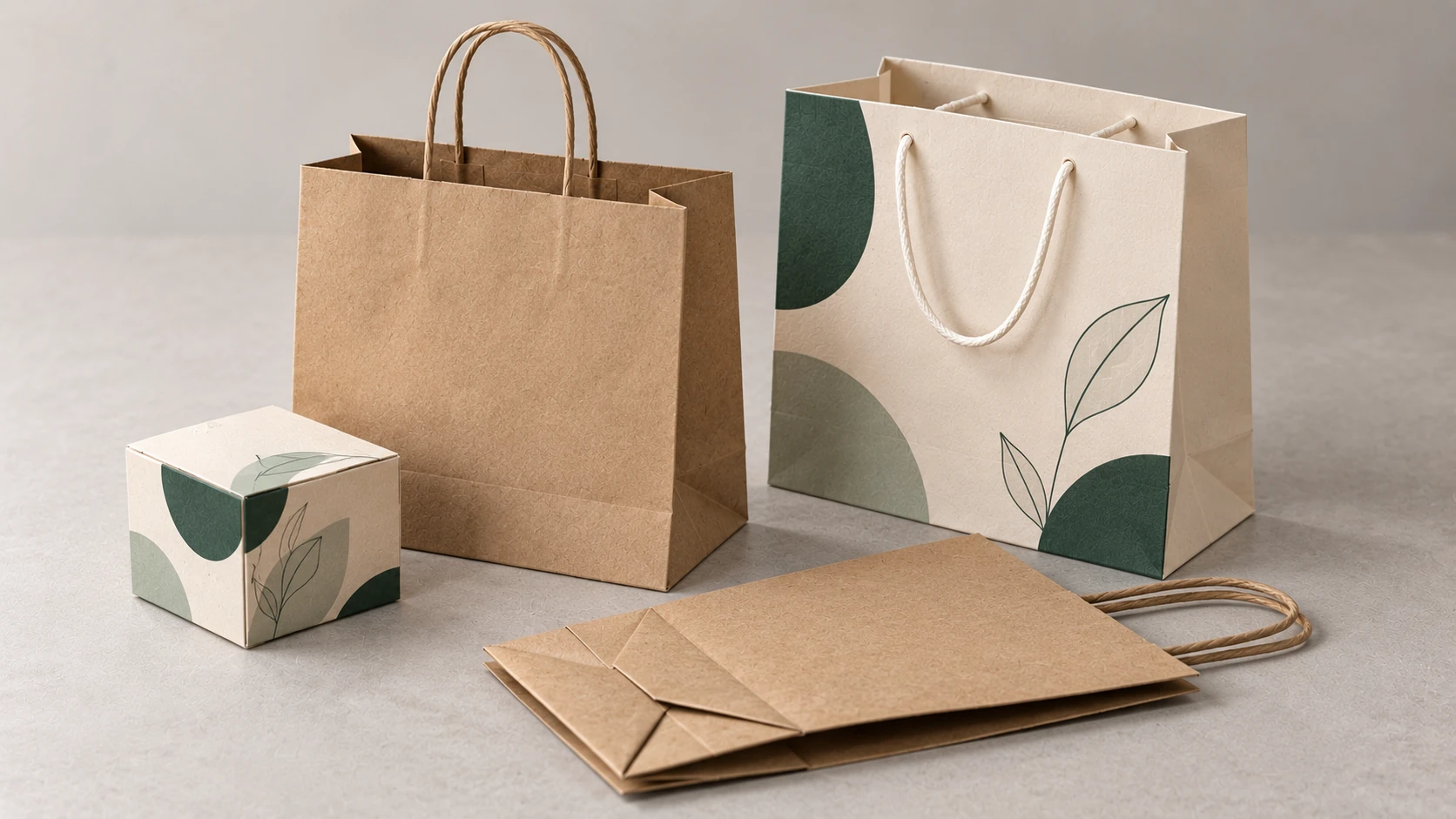 Illustrative paper bags with different handles, side gussets and a folded base sample.
