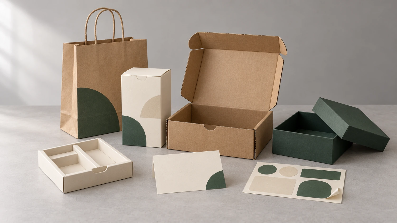 Ilustración de una selección de cajas plegables, cajas de envío, cajas rígidas, bolsas de papel e insertos.