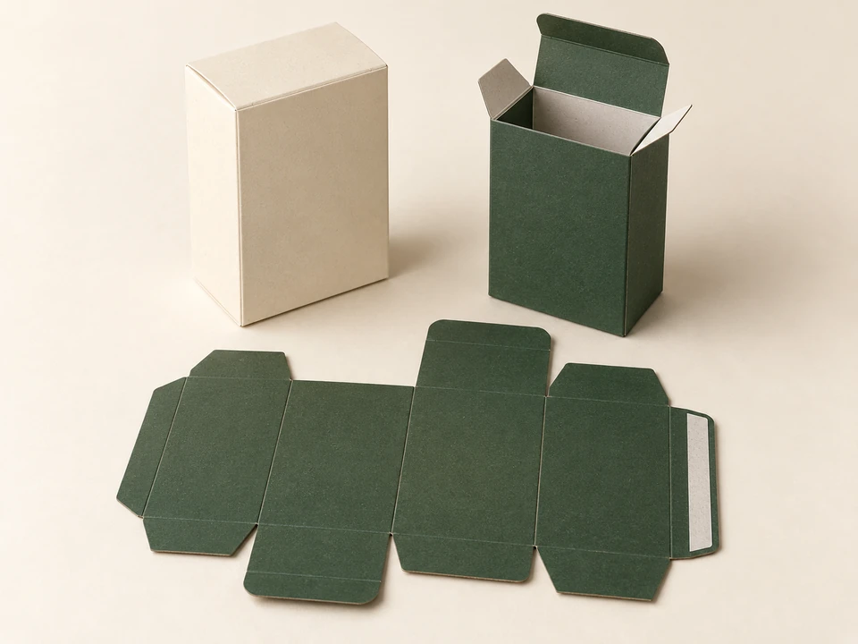 Ilustración de cajas plegables montadas y de una pieza de cartoncillo en plano.