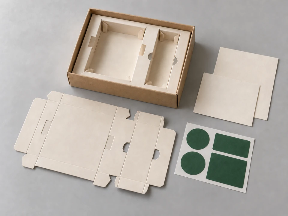 Ilustración de etiquetas sobre papel soporte e insertos plegados de cartoncillo.