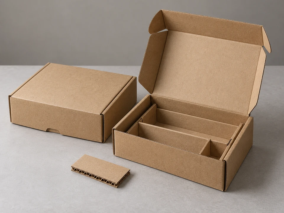 Ilustración de cajas de envío de cartón ondulado con tapa abierta e inserto de papel.