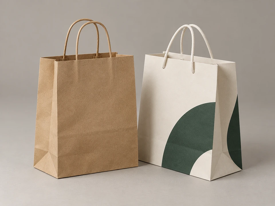 Ilustración de bolsas de papel kraft y blanco con asas y fuelles laterales visibles.
