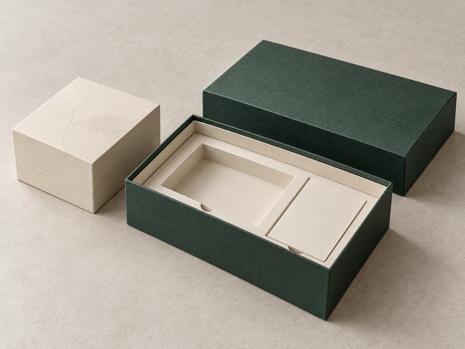 Ilustración de cajas rígidas de regalo con tapa independiente e inserto de cartoncillo a medida.
