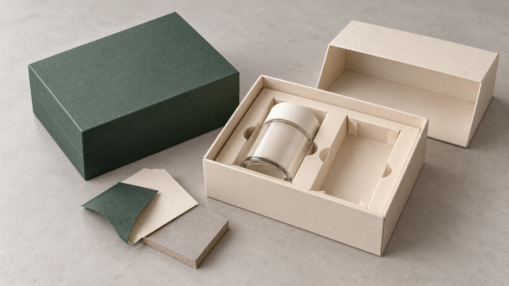 Illustrative rigid gift box samples with wrapped board and fitted paper inserts.