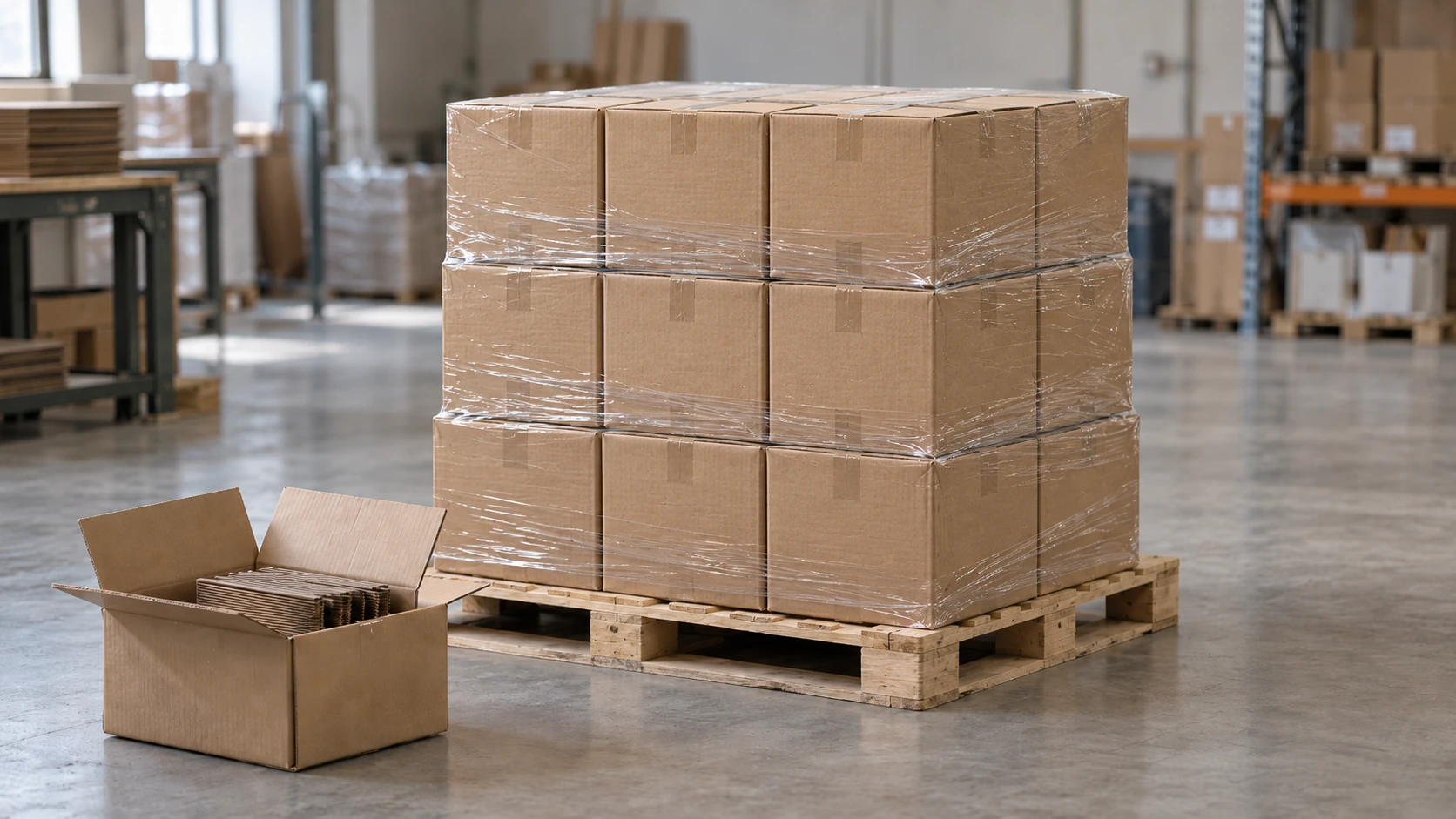 Beispielhafte umwickelte Versandkartons auf einer Holzpalette mit offenem Karton flacher Verpackungsmuster.